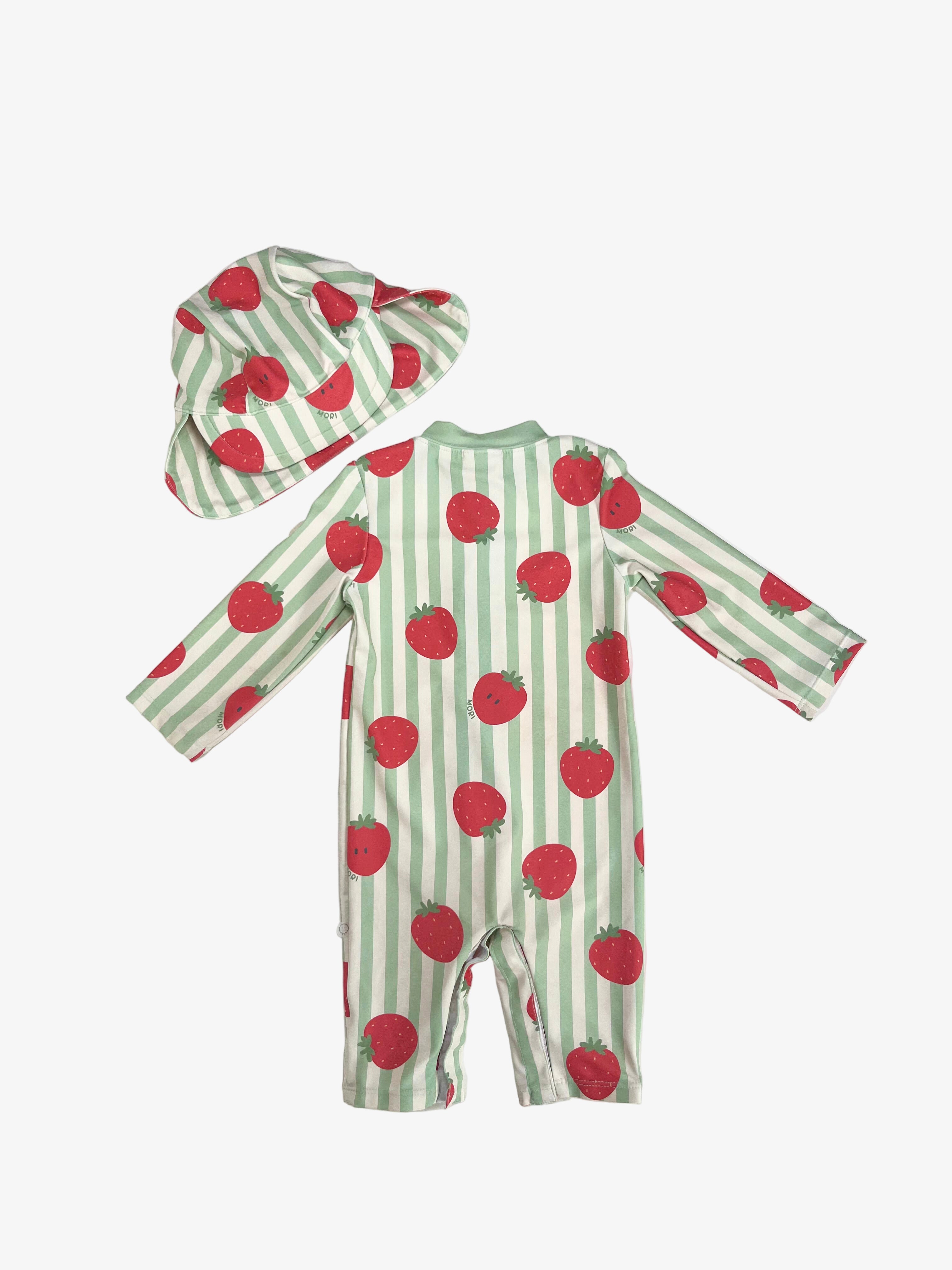 Mori – Strawberry One-Piece Rashguard with Hat (Size 6–9 Months)