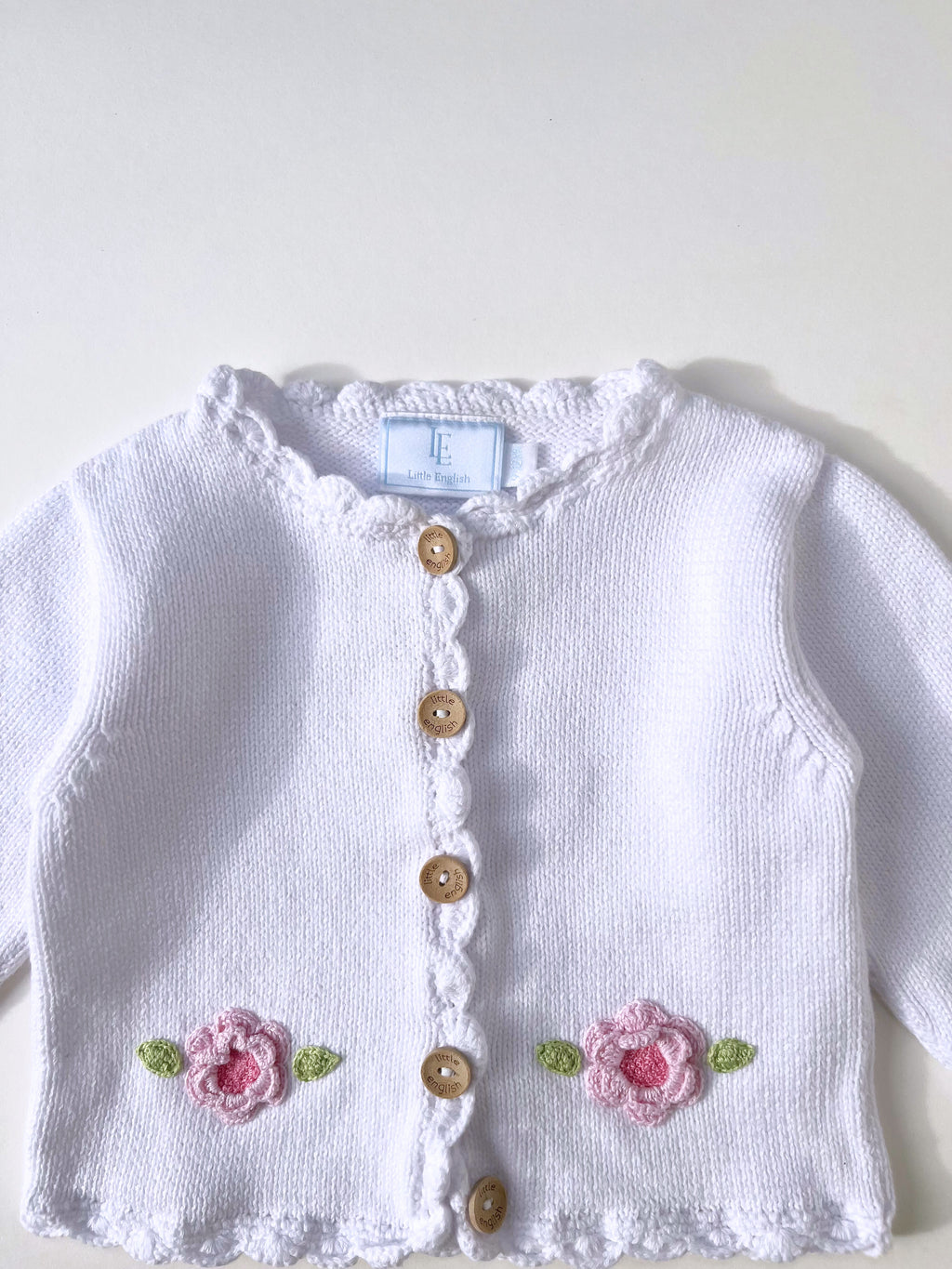 Little English – Cardigan with Crocheted Flowers (Size 9–12 months)