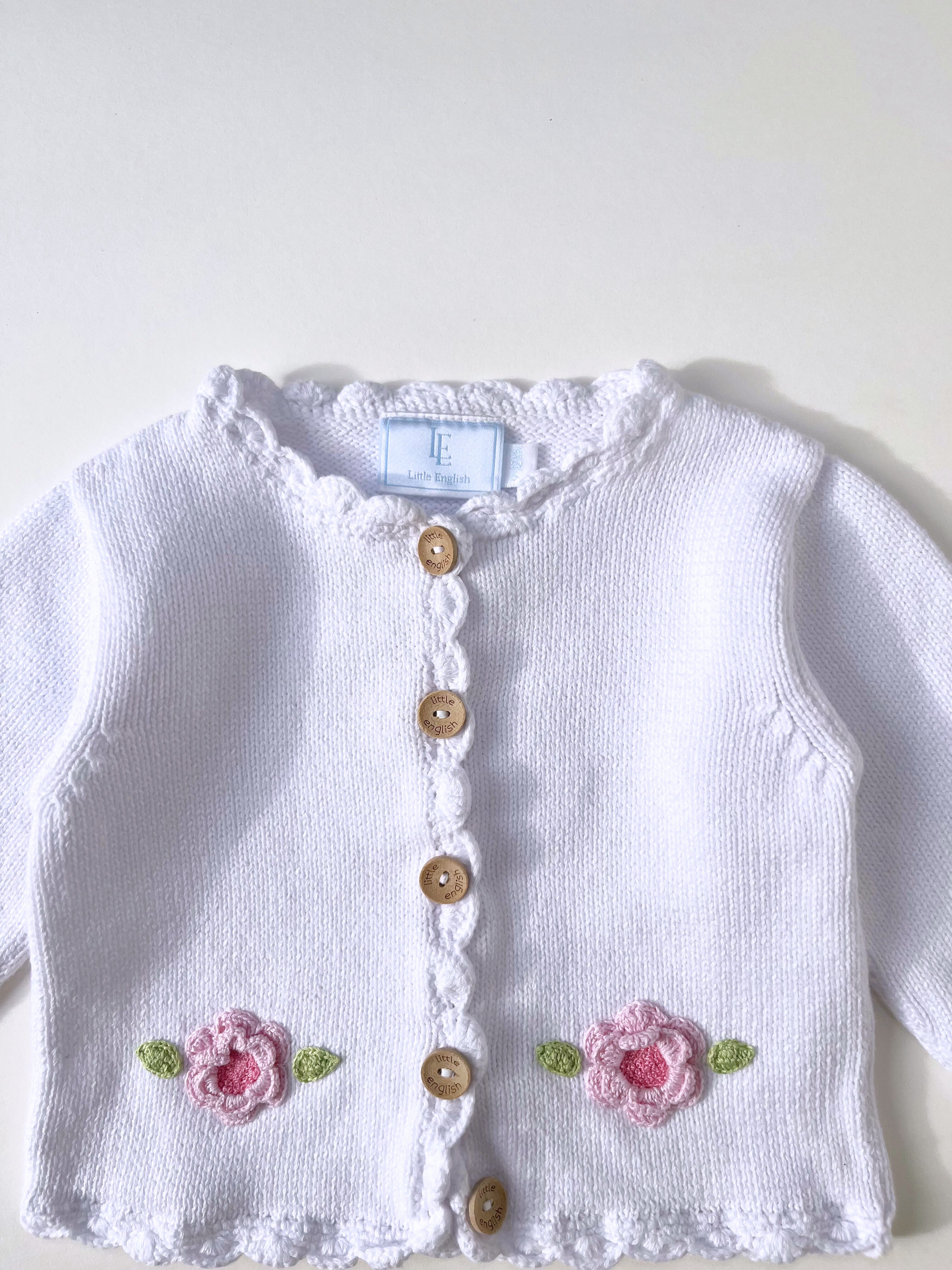 Little English – Cardigan with Crocheted Flowers (Size 9–12 months)