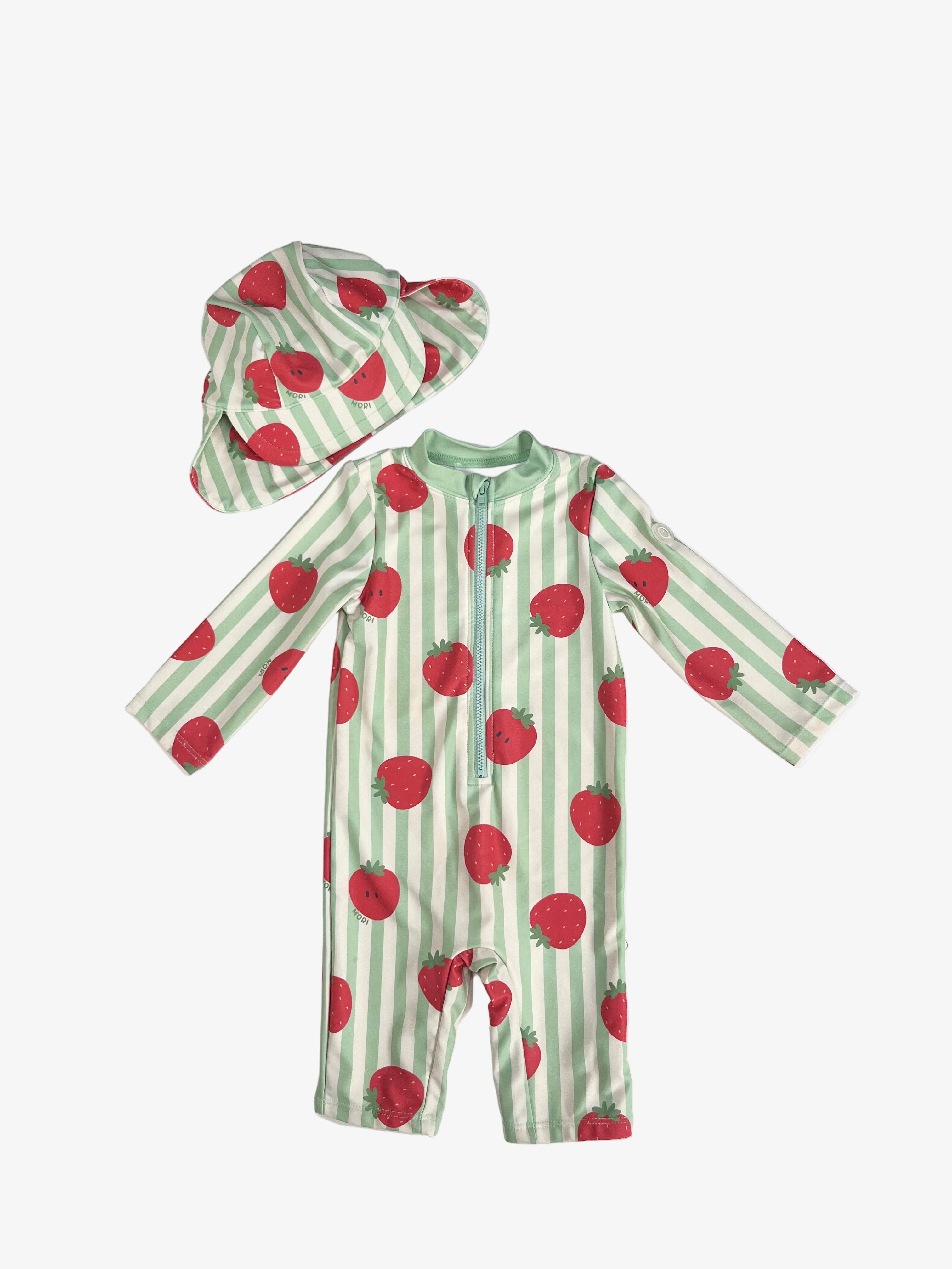 Mori – Strawberry One-Piece Rashguard with Hat (Size 6–9 Months)