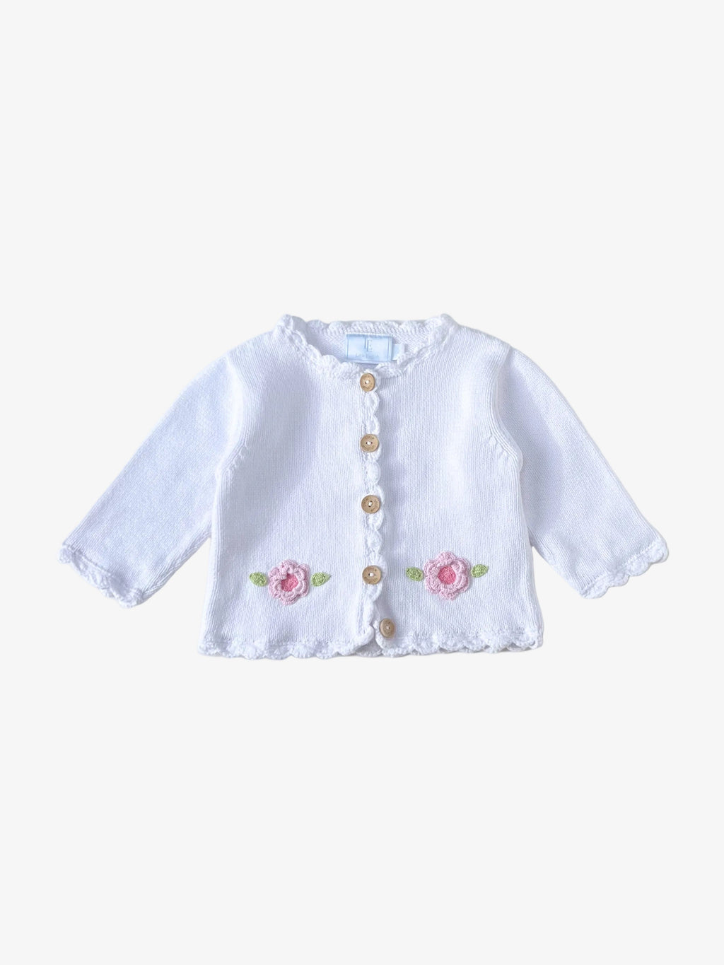 Little English – Cardigan with Crocheted Flowers (Size 9–12 months)