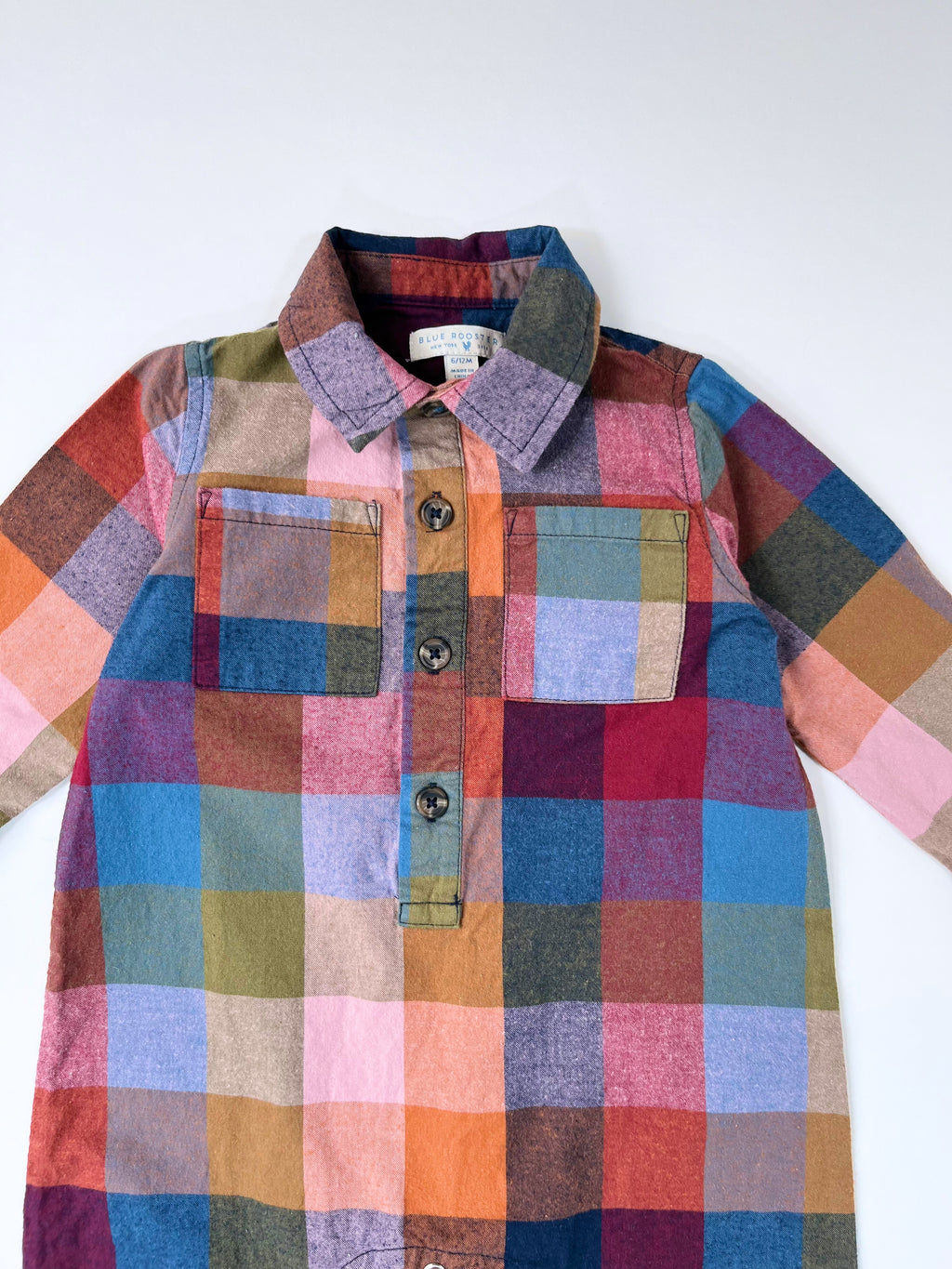 Blue Rooster – Button-Down Romper with Collar (Size 6–12 months)